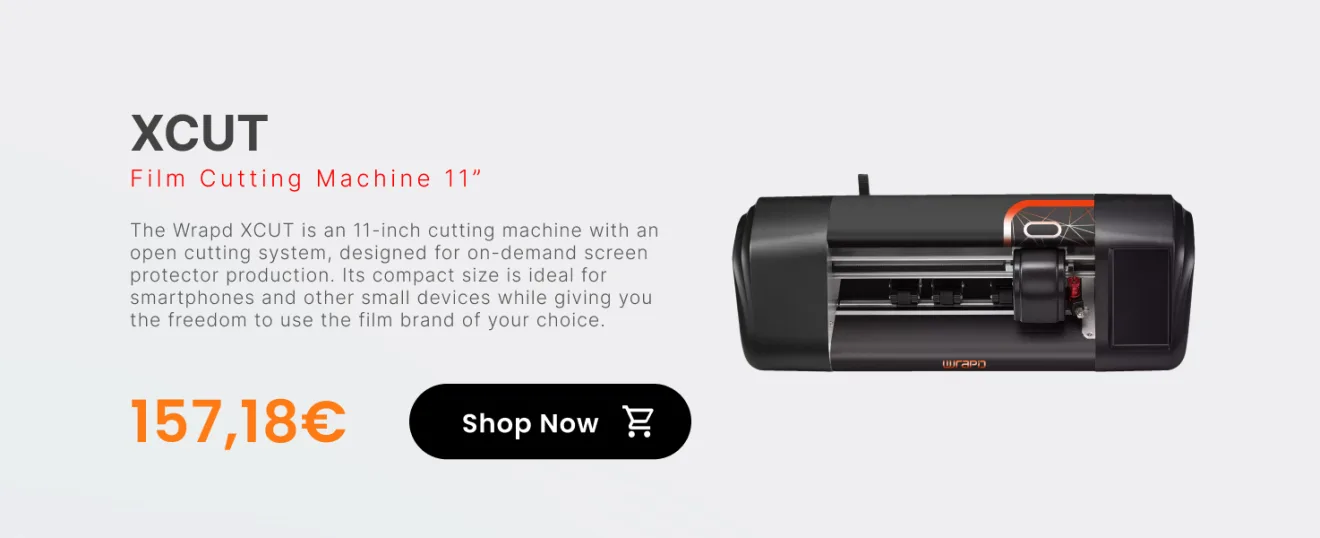 Wrapd XCUT — 11" film cutting machine with an open cutting system for on-demand screen protector production, ideal for smartphones and small devices. 157,18€. Shop now.