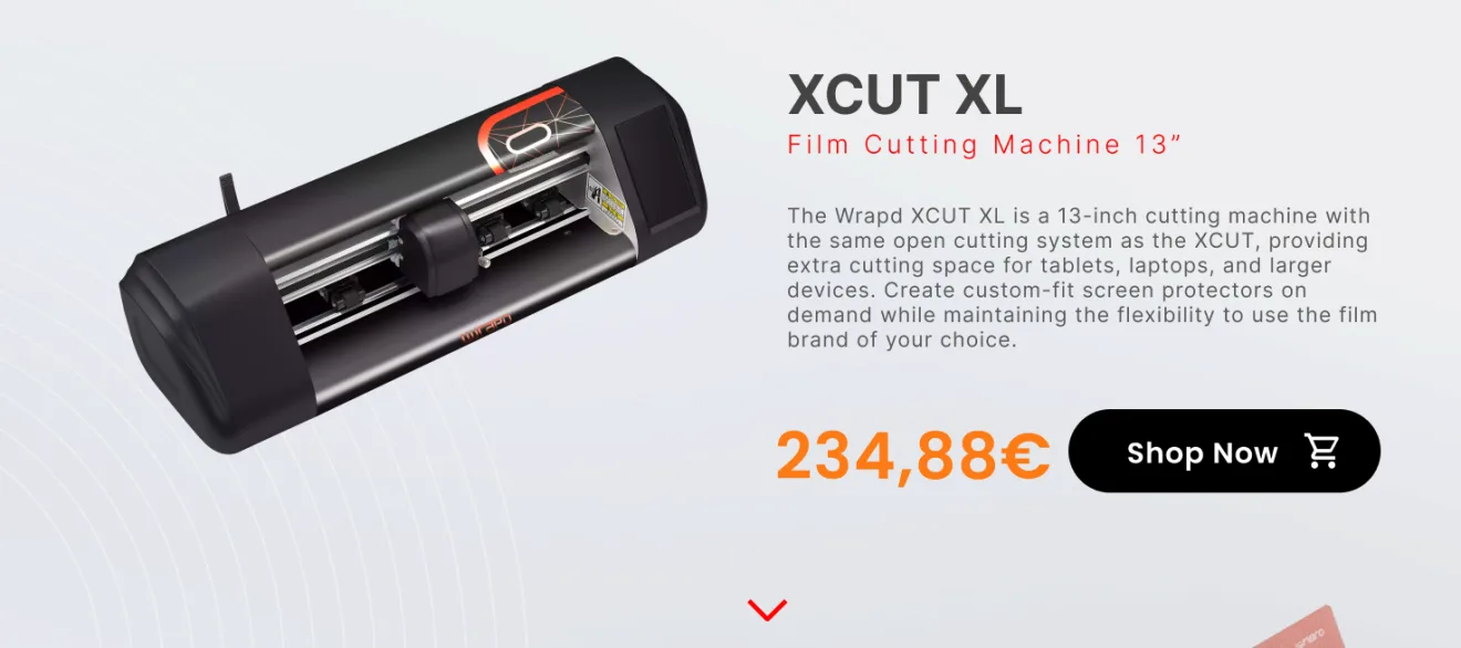 Wrapd XCUT XL — 13" film cutting machine with the same open cutting system, with extra cutting space for tablets, laptops and larger devices. 234,88€. Shop now.