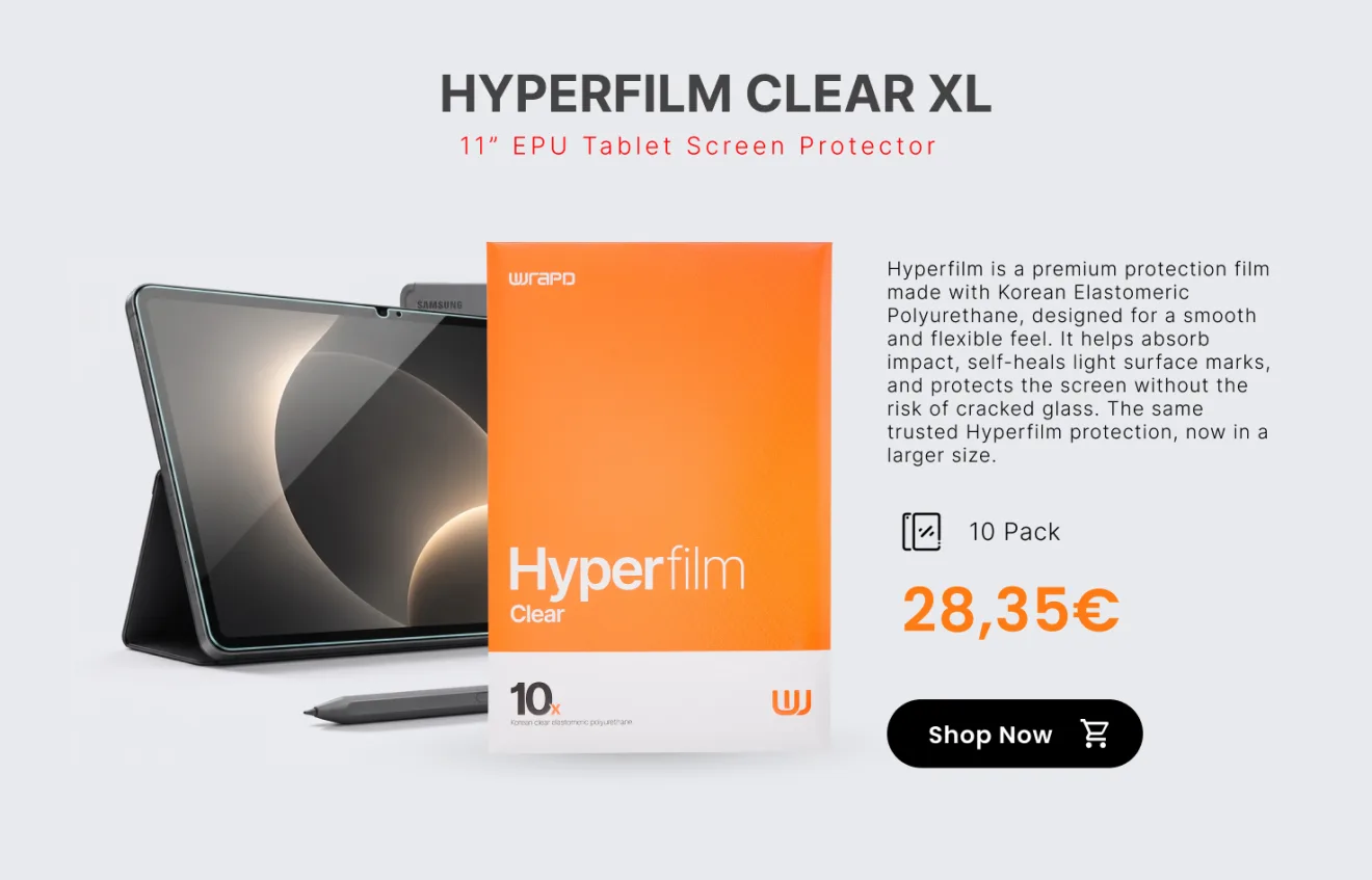 Hyperfilm Clear XL — 11" EPU tablet screen protector, the same Hyperfilm protection in a larger size, 10 pack. 28,35€. Shop now.
