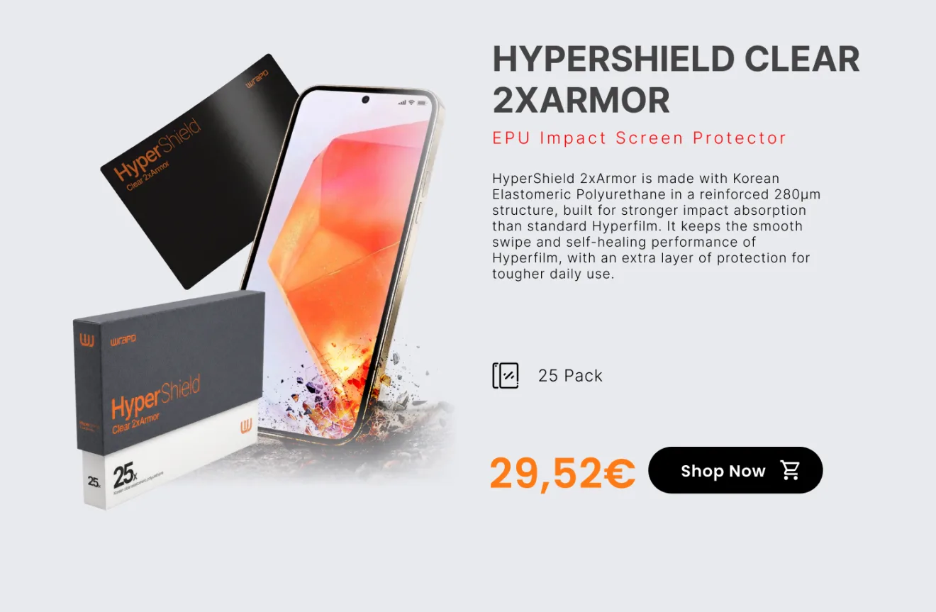 HyperShield Clear 2xArmor — EPU impact screen protector with a reinforced 280µm structure for stronger impact absorption, 25 pack. 29,52€. Shop now.