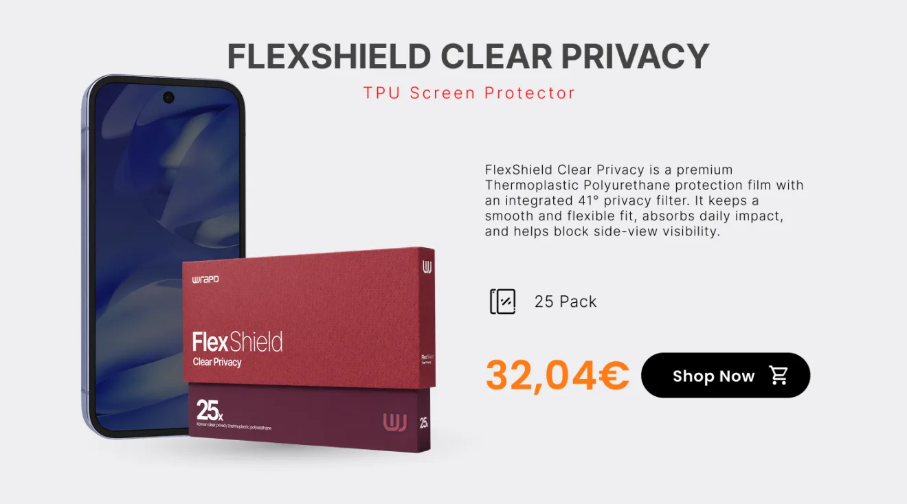 FlexShield Clear Privacy — TPU screen protector with an integrated 41° privacy filter that blocks side-view visibility, 25 pack. 32,04€. Shop now.