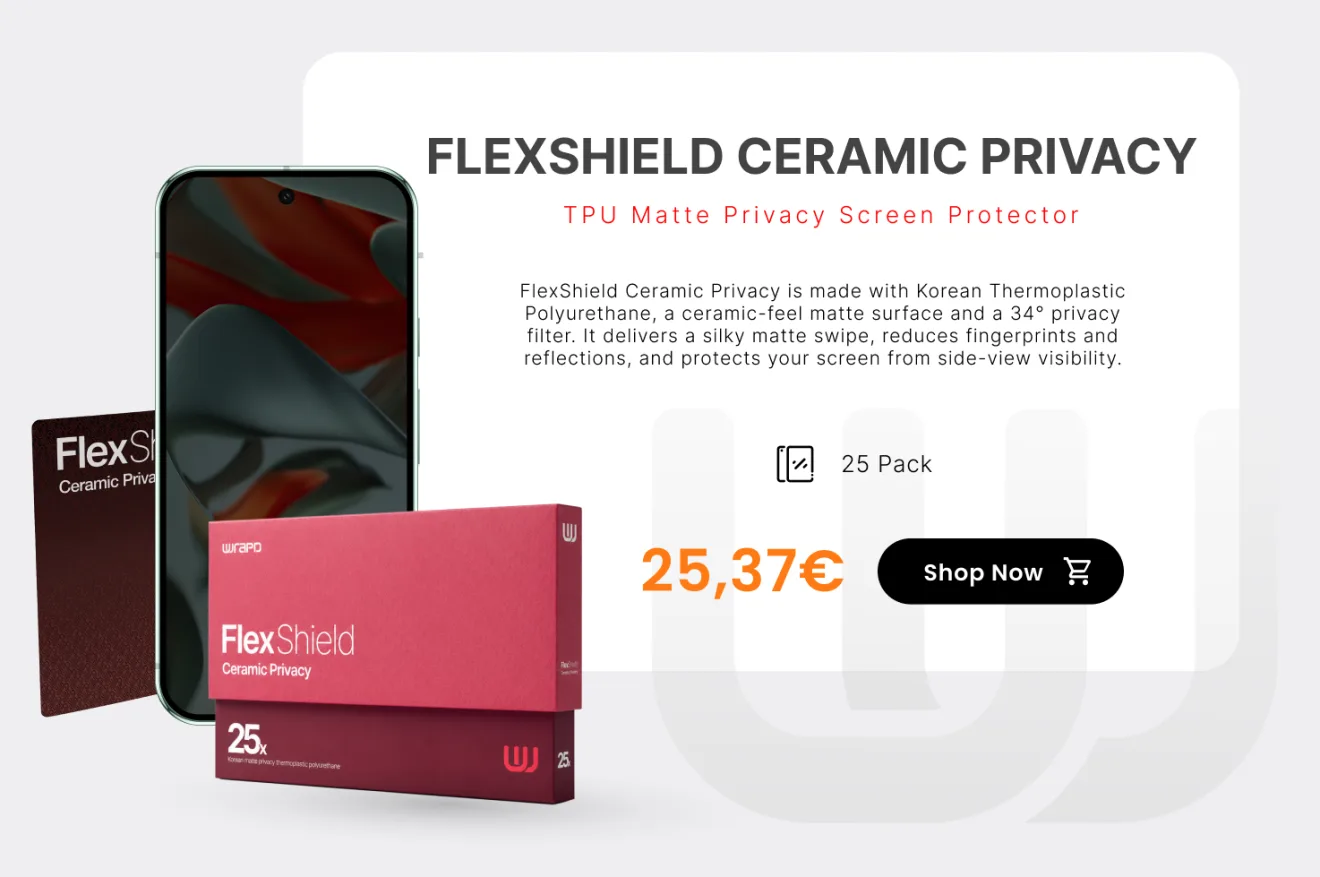 FlexShield Ceramic Privacy — TPU matte privacy screen protector with a ceramic-feel surface and a 34° privacy filter, 25 pack. 25,37€. Shop now.