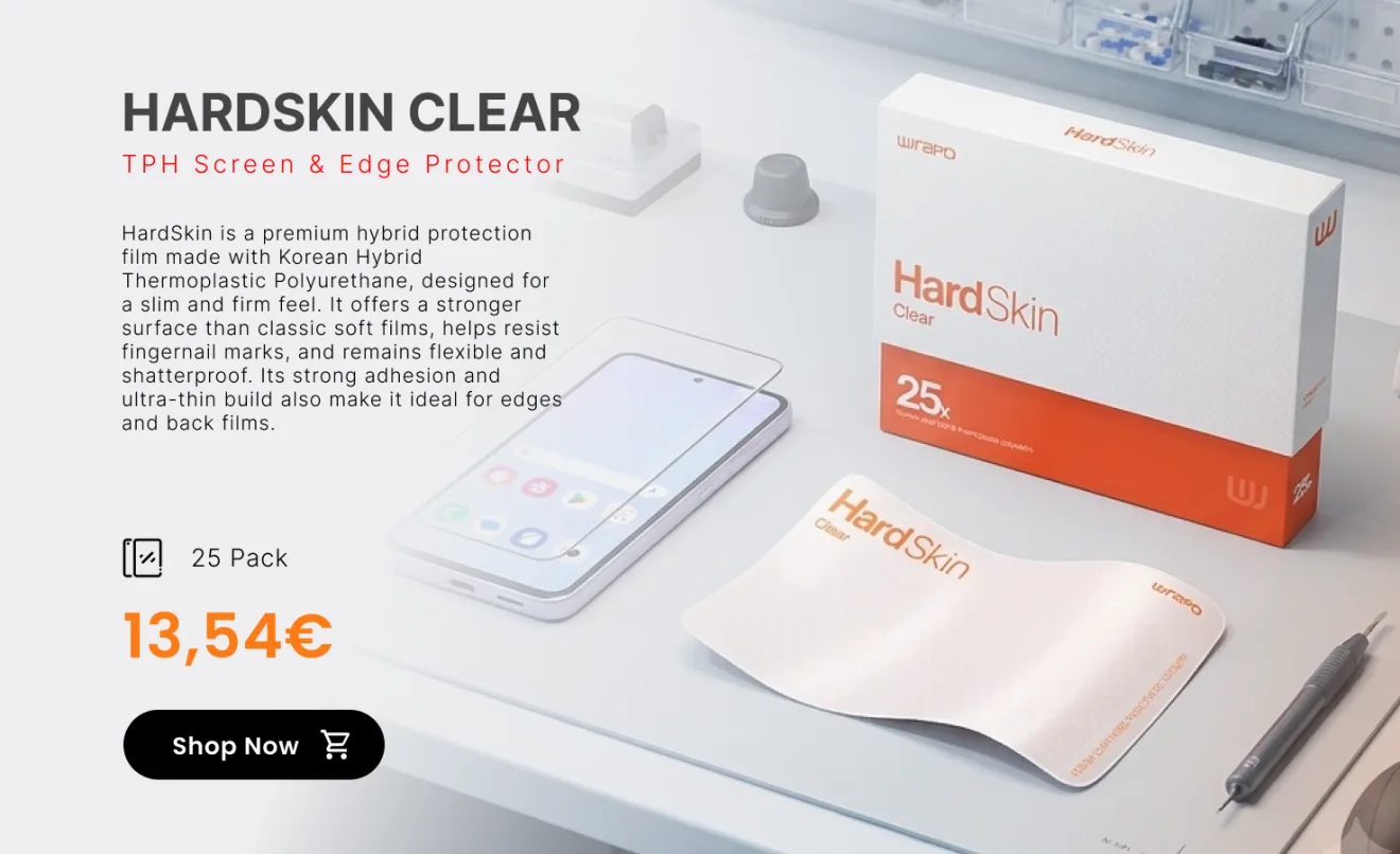 HardSkin Clear — TPH screen and edge protector in Korean hybrid thermoplastic polyurethane, slim and firm, resists fingernail marks, 25 pack. 13,54€. Shop now.