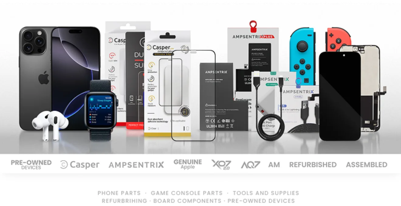 MobileSentrix brands: Casper, Ampsentrix, Genuine Apple, XO7, AQ7, AM, refurbished and assembled parts. Phone parts, game console parts, tools and supplies, refurbishing, board components, pre-owned devices.